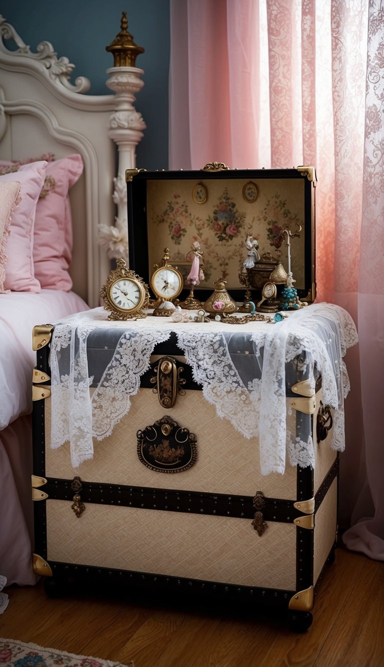 A vintage trunk nightstand adorned with delicate lace and antique trinkets, nestled in a cozy princess-themed bedroom