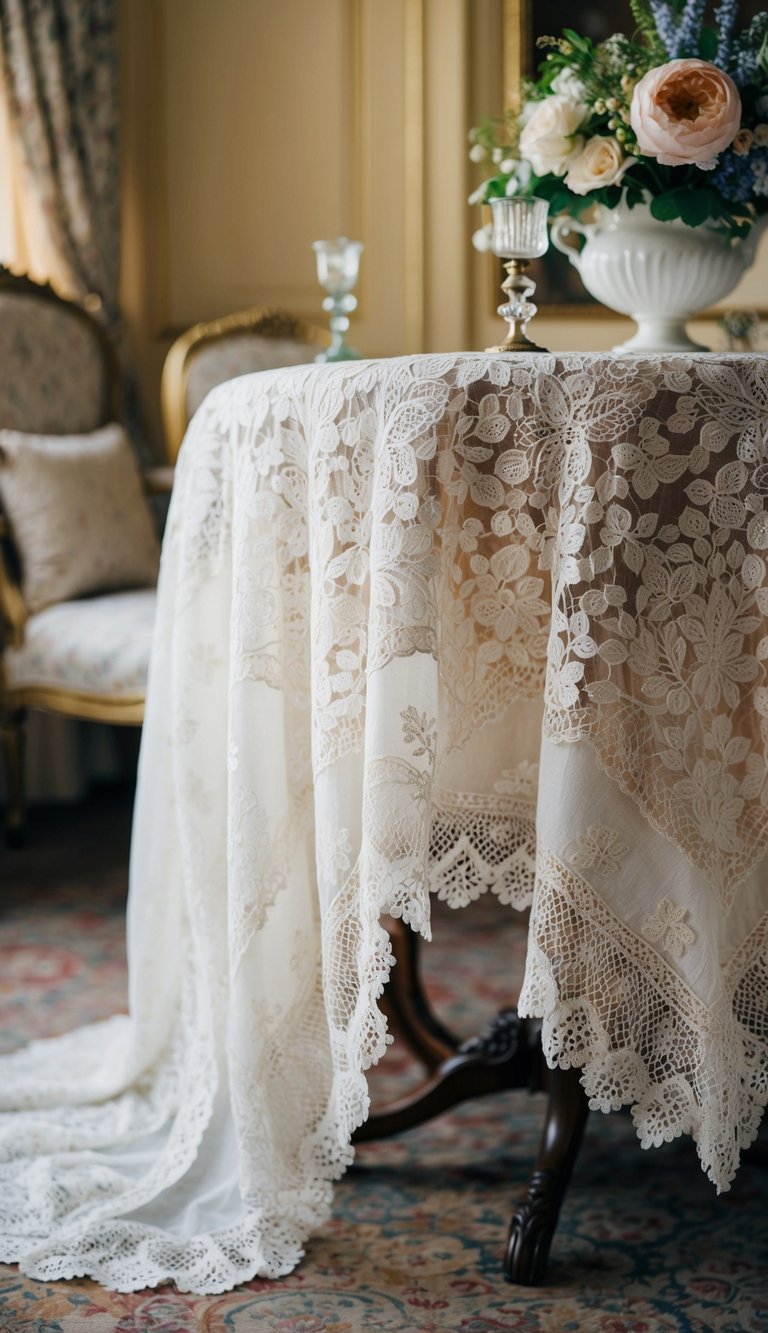 A lace tablecloth drapes over an antique table in a vintage princess bedroom adorned with Edwardian decor