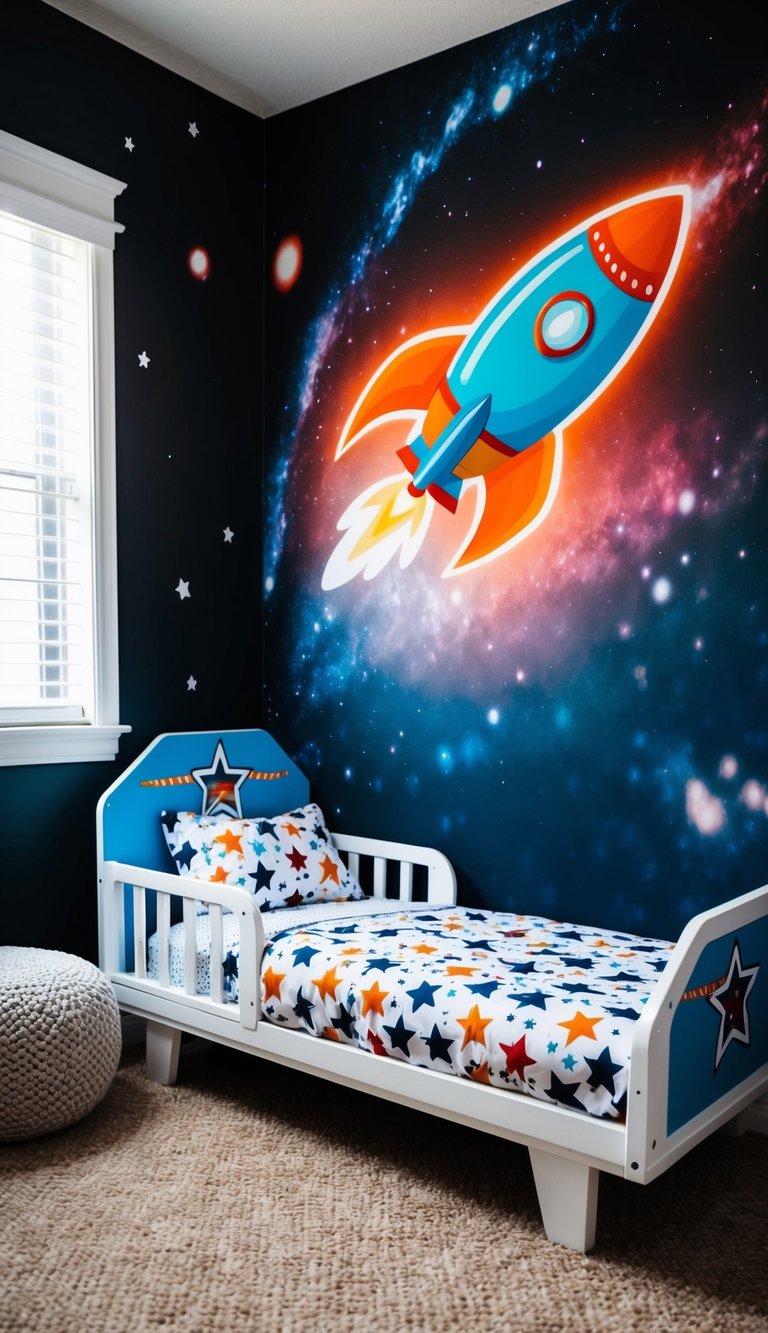 A rocket ship-themed toddler bed with star-patterned bedding and a galaxy-themed wall mural