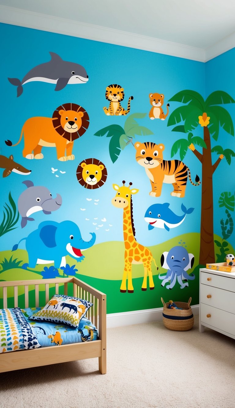 A playful scene of a toddler boy's bedroom with animal-themed wall decals, featuring jungle animals, safari creatures, and marine life