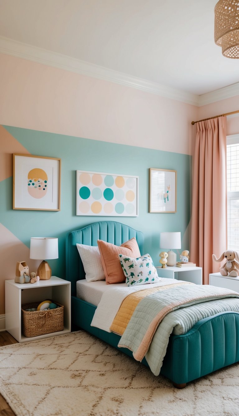 A cozy toddler boy's bedroom with soft color palettes, featuring a playful and imaginative space with soothing pastel tones and playful decor