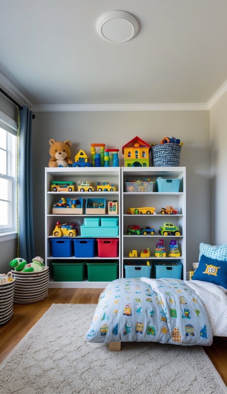 A tidy bedroom with various toy storage solutions, including shelves, bins, and baskets, organized for a toddler boy's room