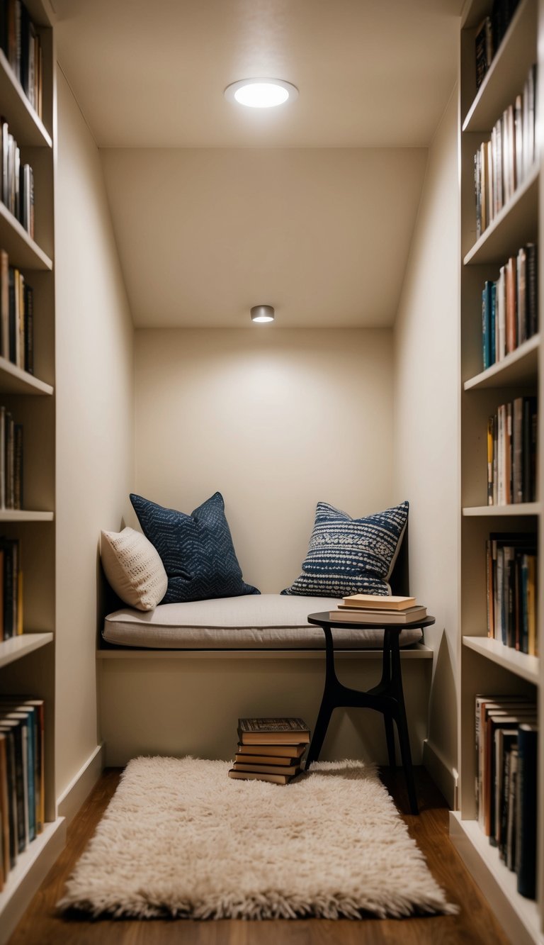 A small, cushioned nook nestled in a corner, surrounded by bookshelves and soft lighting. A plush rug and a small table with a stack of books completes the cozy reading space