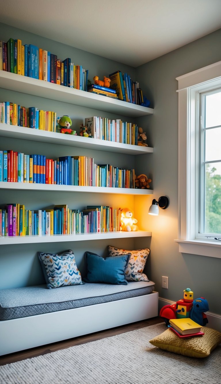 A cozy toddler boy's bedroom with wall-mounted bookshelves filled with colorful books and toys, featuring a small reading nook with a cushioned seat and soft lighting