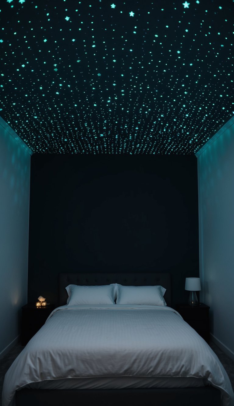 A dark bedroom with a ceiling covered in glow-in-the-dark stars