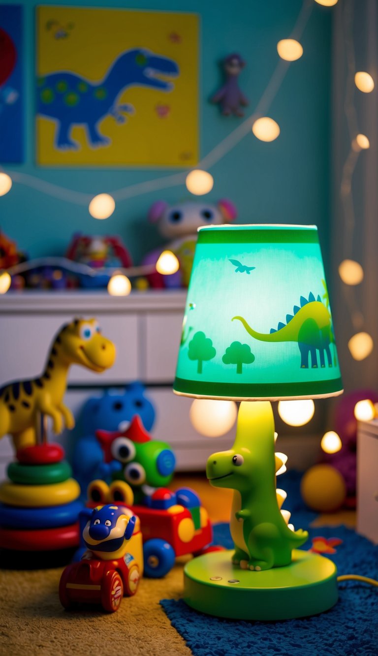 A whimsical dinosaur lamp illuminates a playful toddler boy's bedroom, surrounded by toys and colorful decor