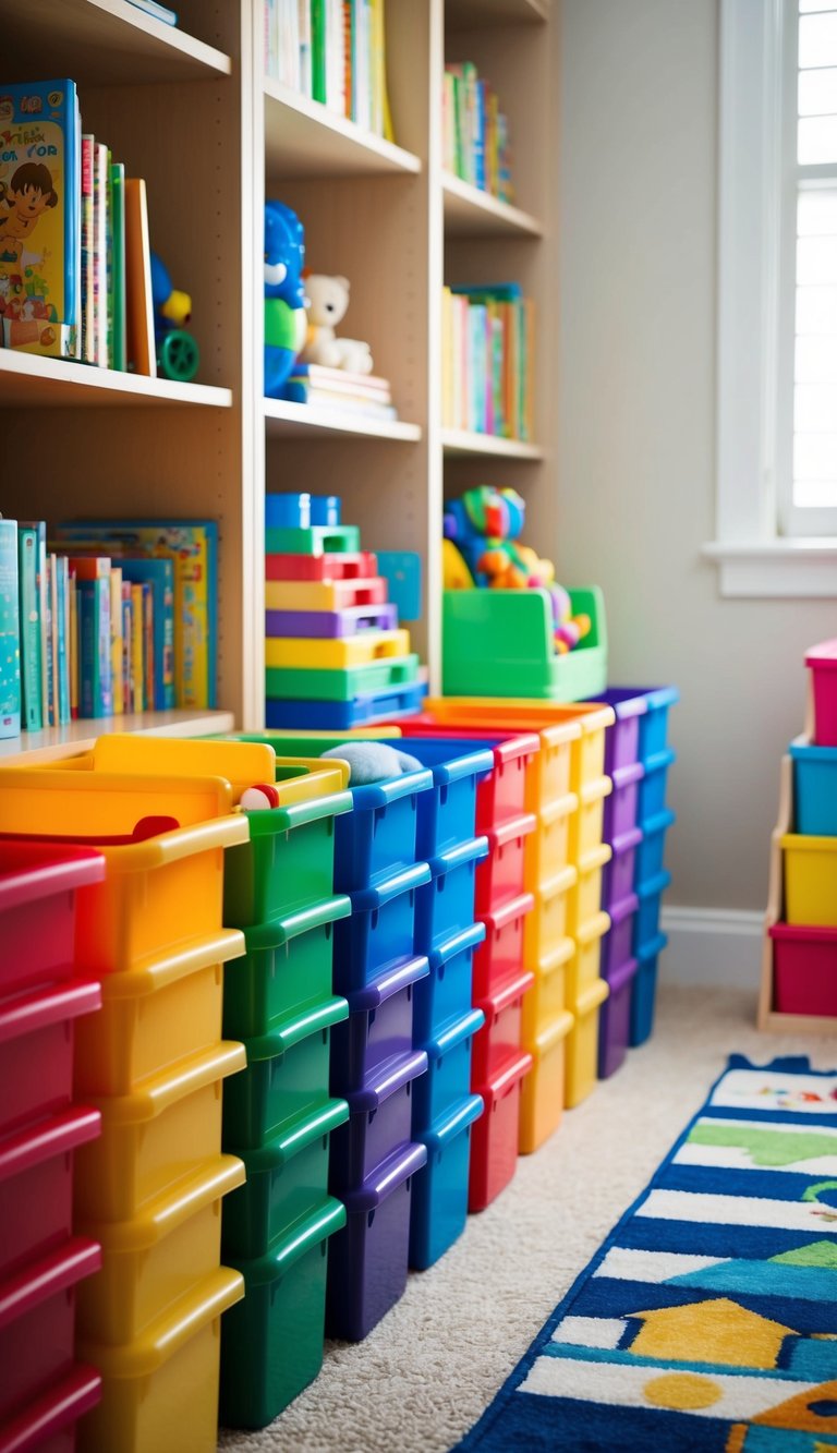 A row of colorful stackable storage bins in a tidy toddler boy's bedroom, with toys and books neatly organized inside