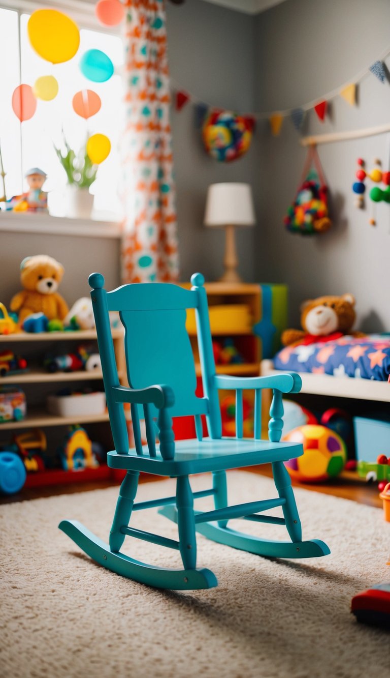 A mini rocking chair sits in a cozy toddler boy's bedroom, surrounded by toys and colorful decor