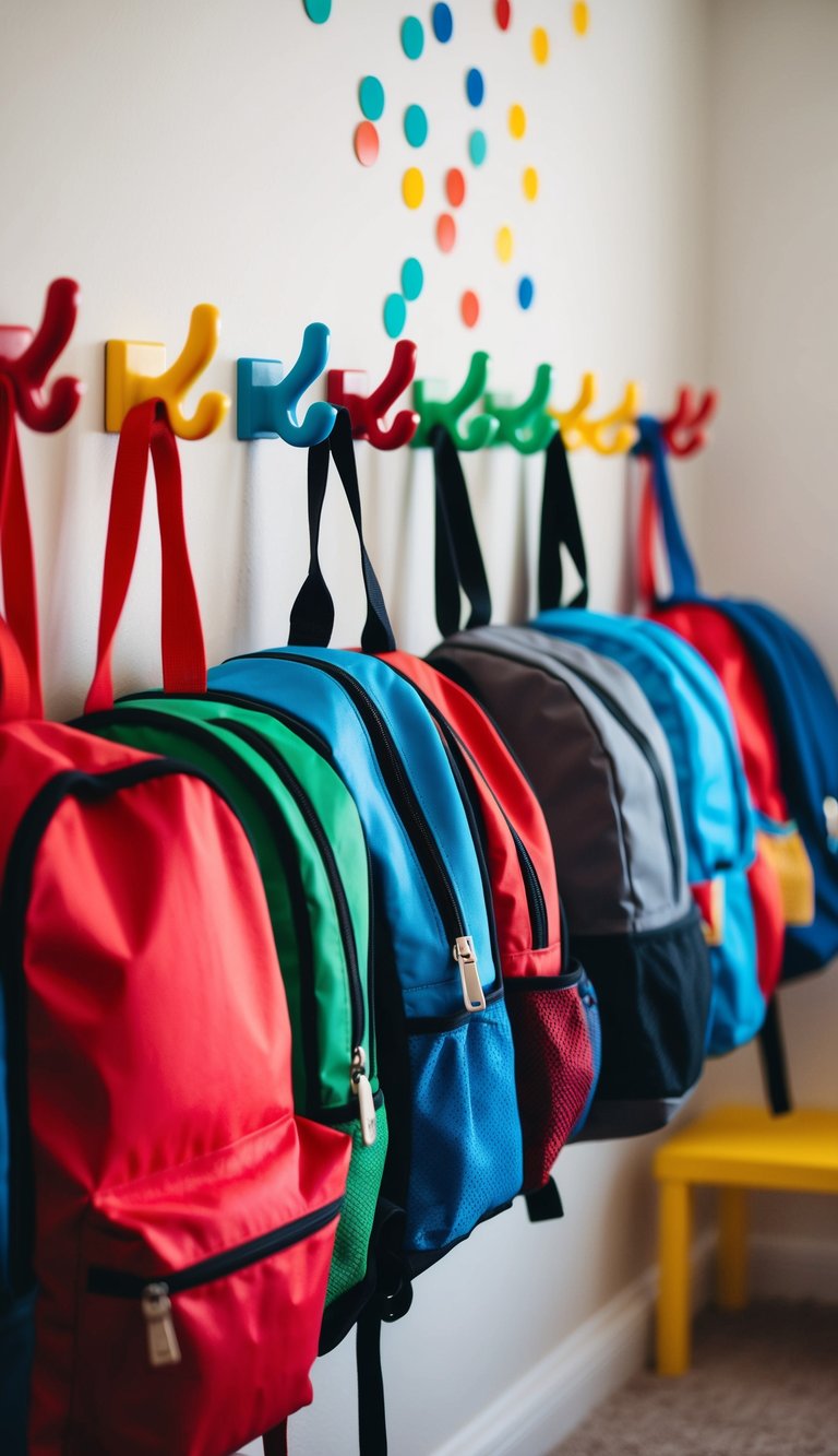 A row of colorful wall hooks holds backpacks in a playful toddler boy's bedroom