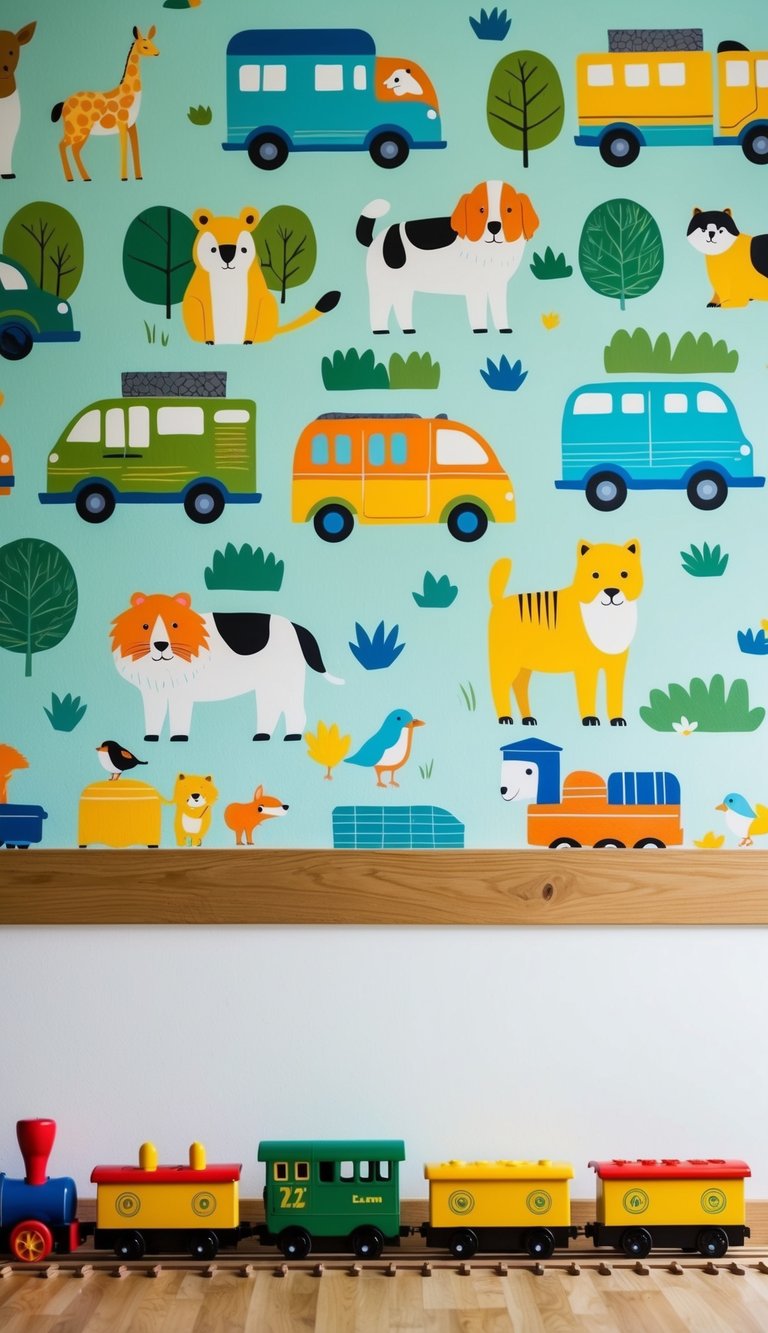 A colorful mural of animals and vehicles covers the wall, with a toy train set running along the baseboard