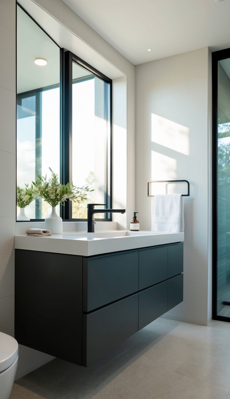 A sleek, modern floating vanity installed in a long, narrow bathroom with minimalist decor and natural light streaming in from a window