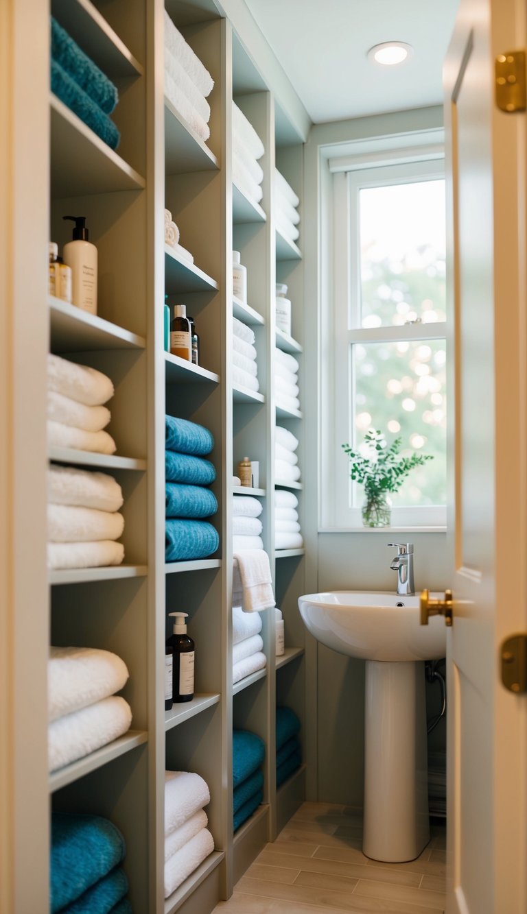 A small bathroom with tall, narrow storage shelves filled with towels and toiletries