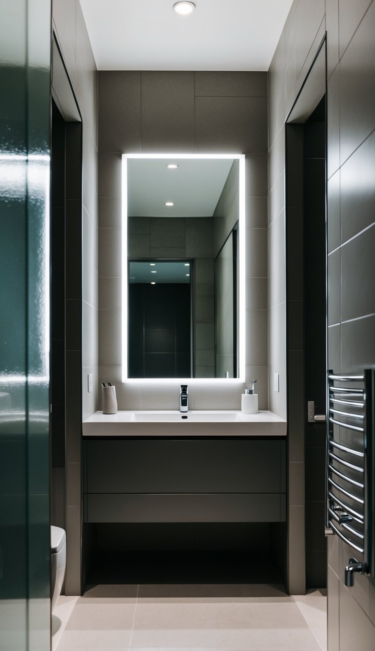 A long, narrow bathroom with a large mirror above the sink, reflecting the tiled walls and a sleek, modern design