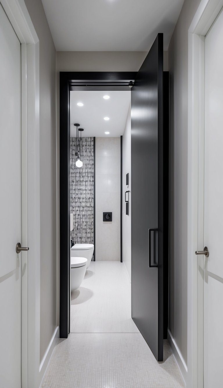 A sleek pocket door slides open in a long, narrow bathroom, revealing modern fixtures and minimalist decor