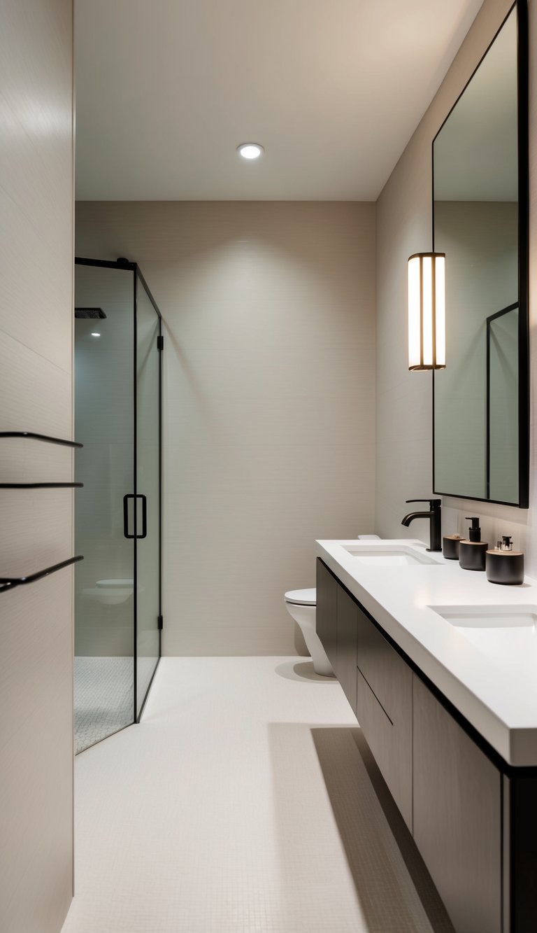 A long, narrow bathroom with light-colored walls, a spacious shower, and a sleek, modern vanity with soft, ambient lighting