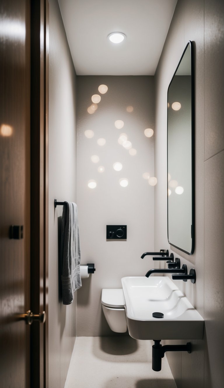 A narrow bathroom with wall-mounted faucets and minimal decor