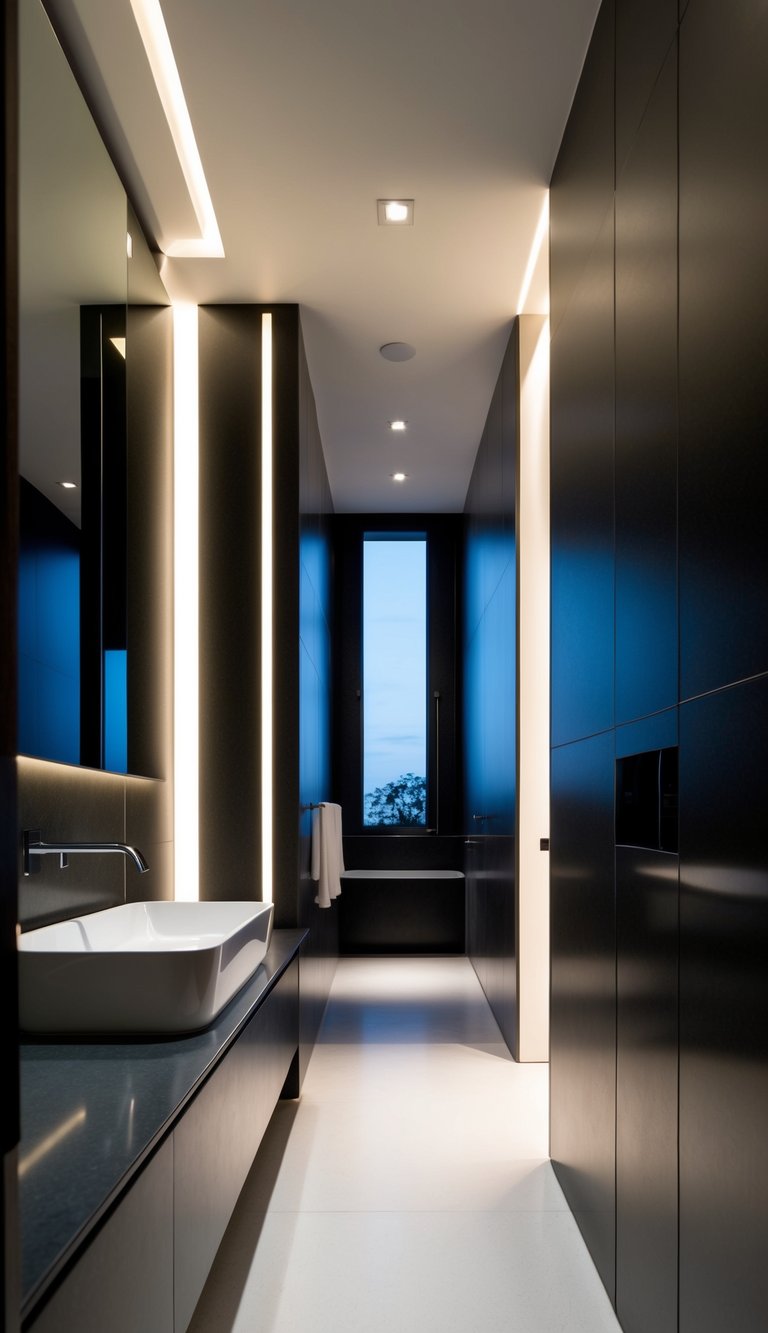 The long narrow bathroom is illuminated with recessed lighting, creating a sleek and modern atmosphere