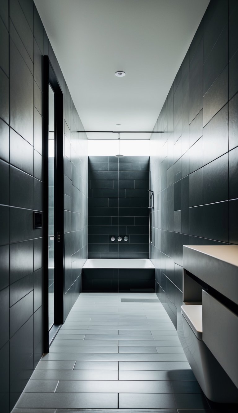 A sleek, modern bathroom with long, narrow tiles lining the walls and floor, creating a sense of spaciousness and sophistication