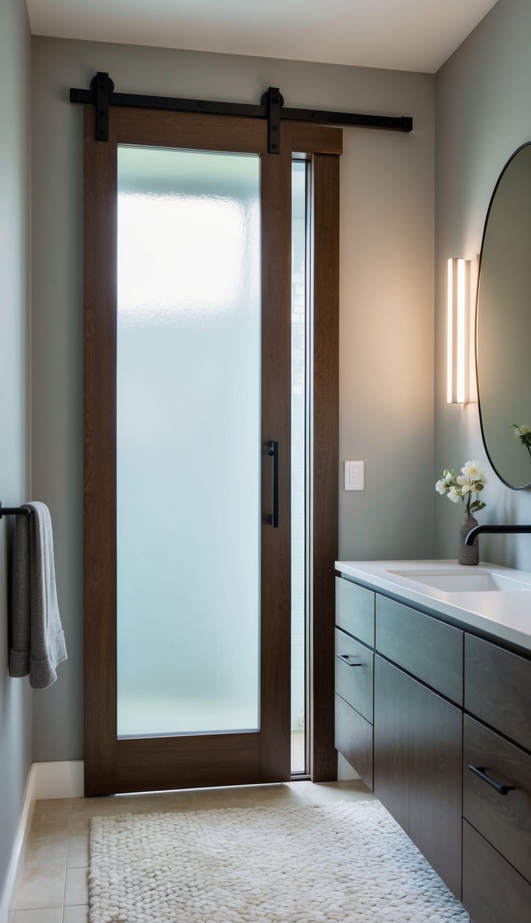 A sliding barn door installed in a long narrow bathroom, with modern fixtures and natural light streaming in through a frosted window