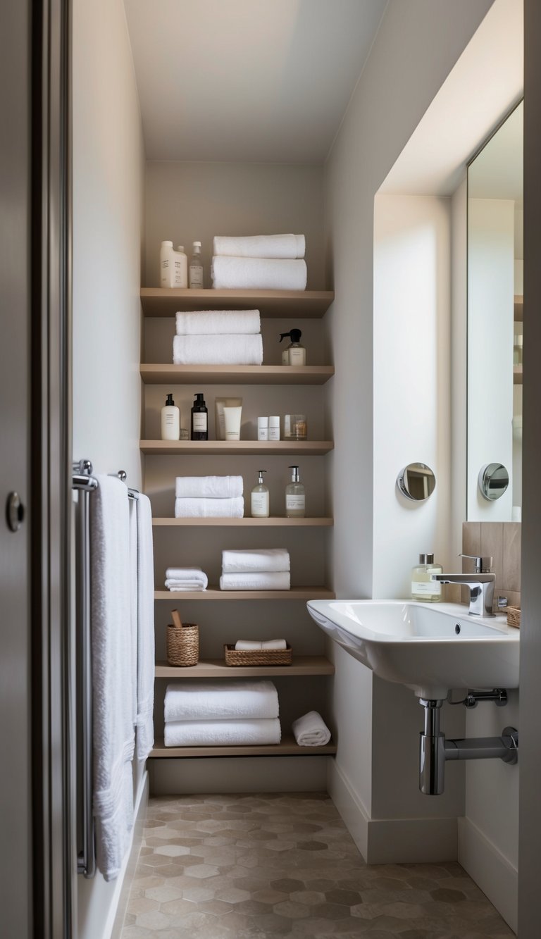 A small bathroom with 22 long narrow corner shelves holding toiletries and towels