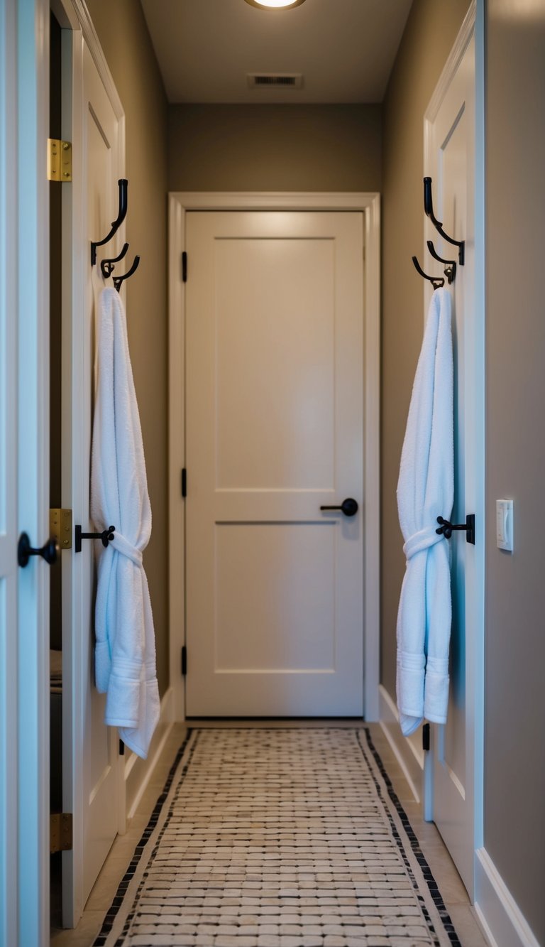 A long, narrow bathroom with hooks mounted on the door for towels and robes