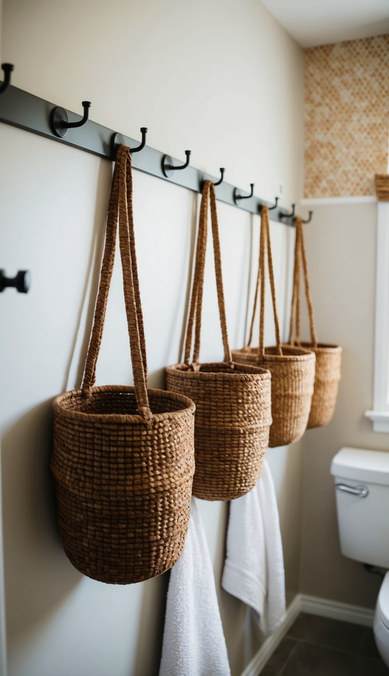 Several long, narrow baskets hang on the bathroom wall for storage