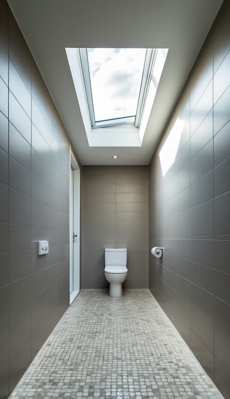 A long, narrow bathroom with a skylight set into the ceiling, casting natural light onto the tiled floor and walls