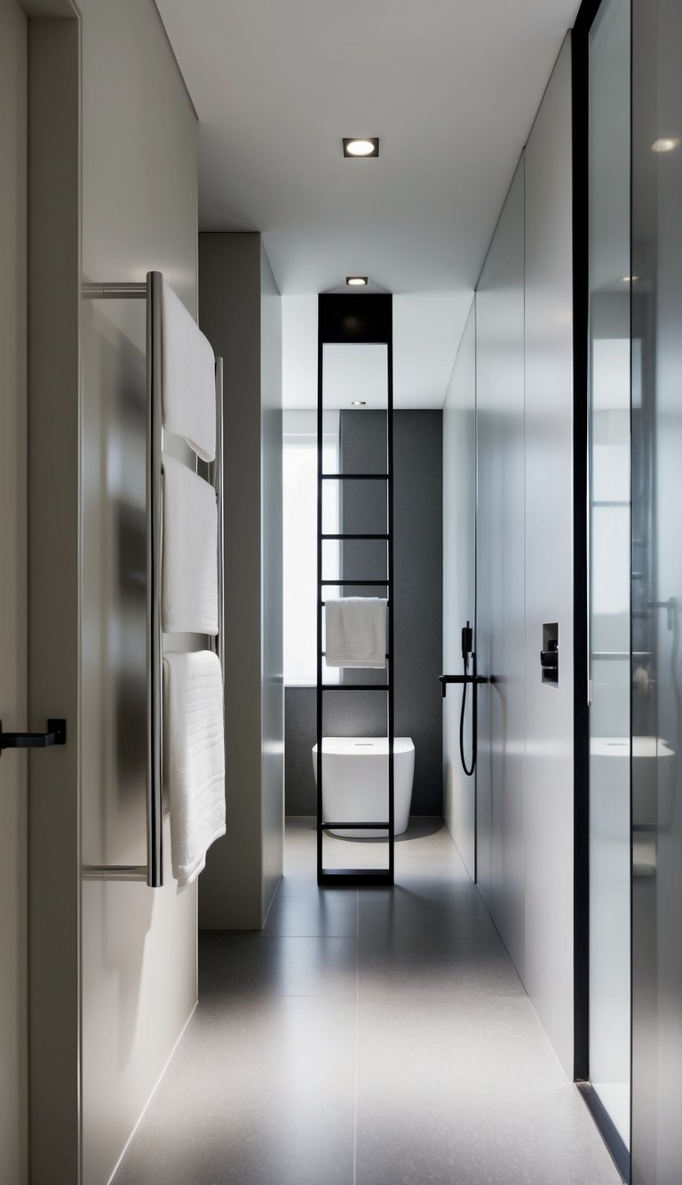 A sleek, modern bathroom with a long, narrow layout. A towel ladder is installed against the wall, adding a functional and stylish touch to the space