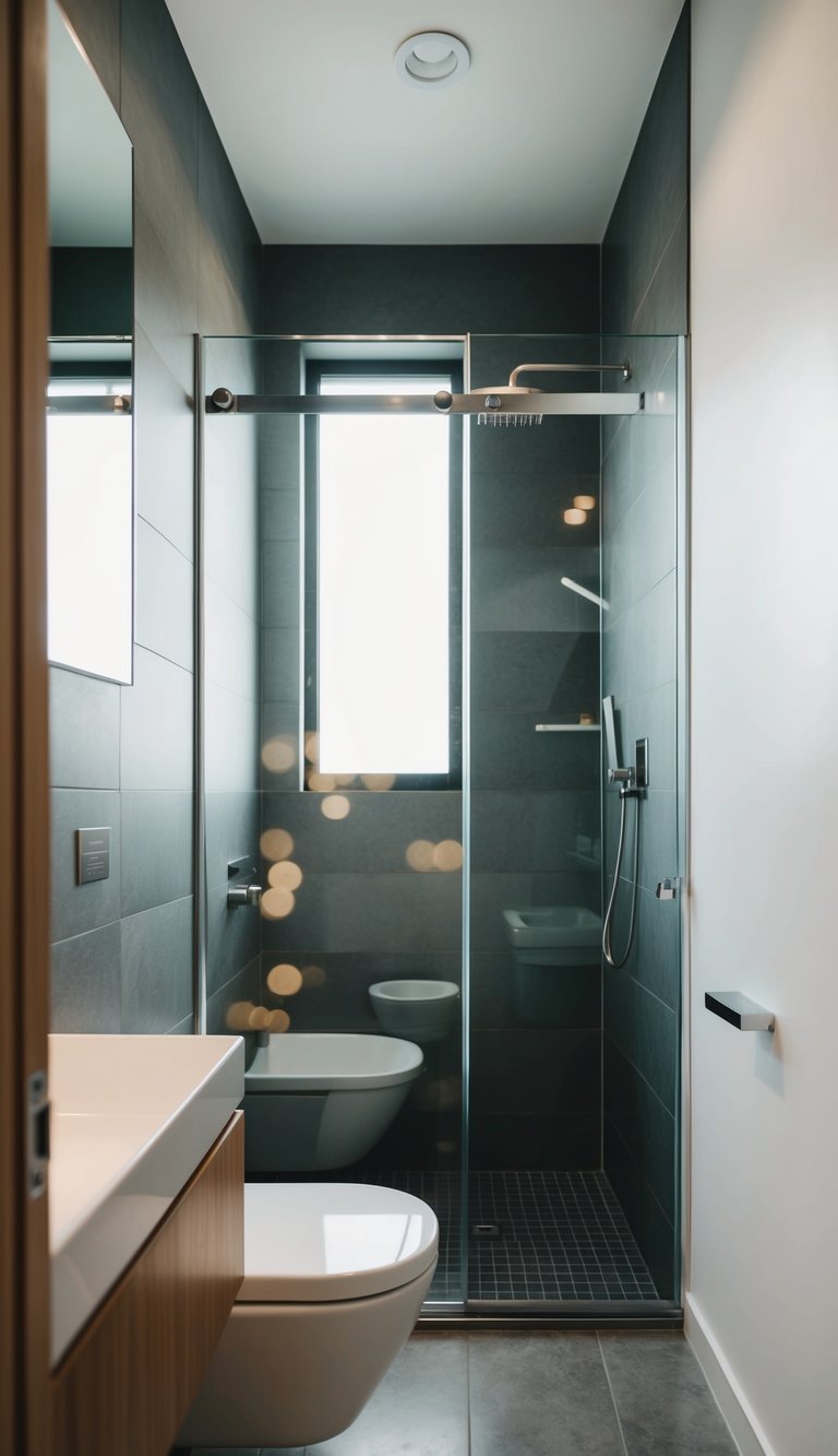 A narrow bathroom with a clear glass shower screen, minimalistic fixtures, and natural lighting