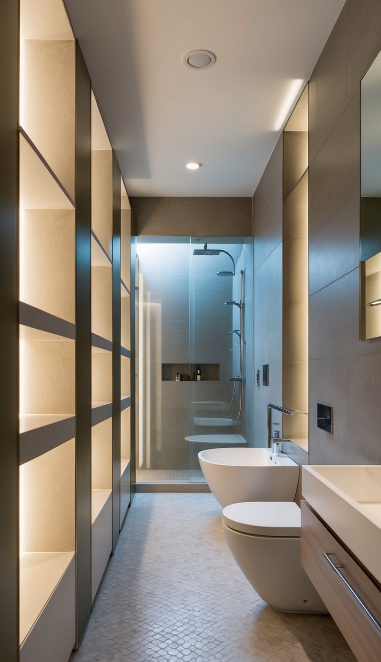 A long, narrow bathroom with built-in niches for storage, featuring sleek modern fixtures and a neutral color palette