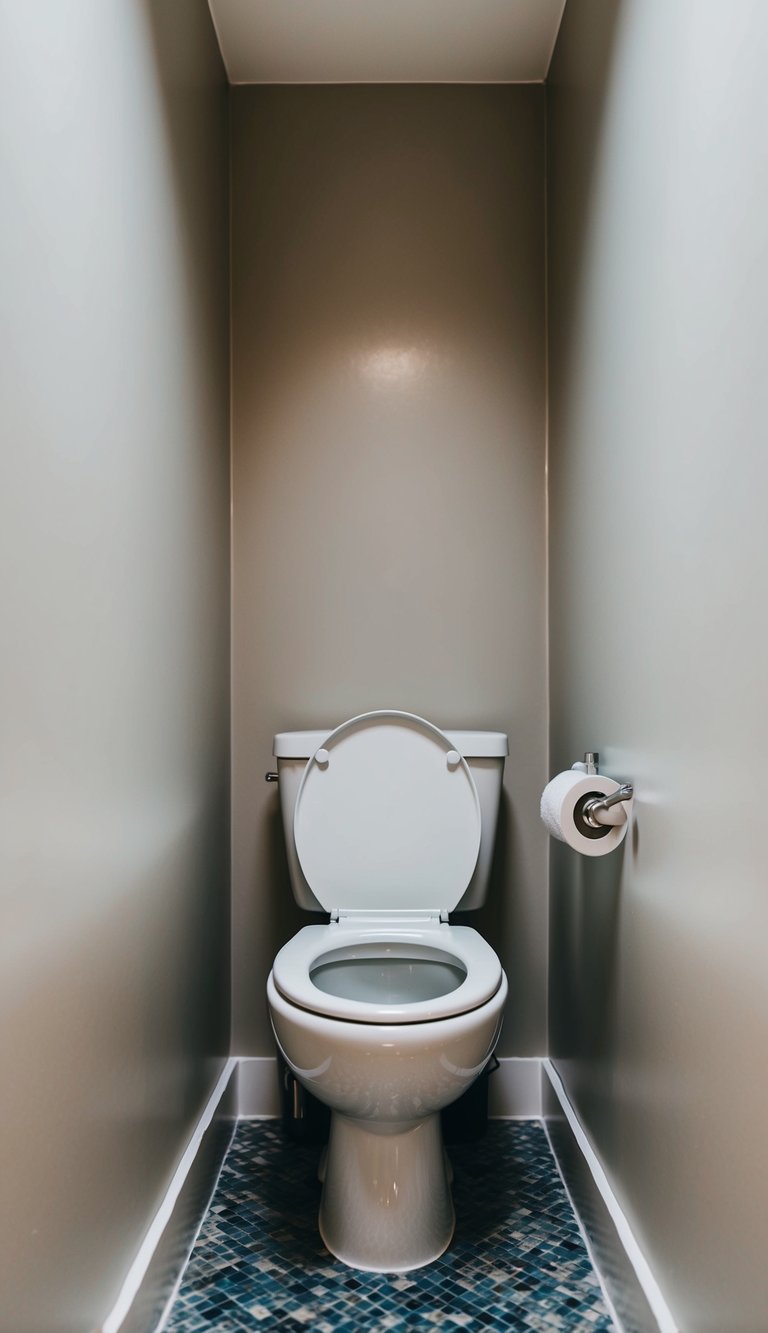 A compact toilet tucked into a narrow bathroom, with minimal space around it. The bathroom is 22 feet long, creating a tight and cozy