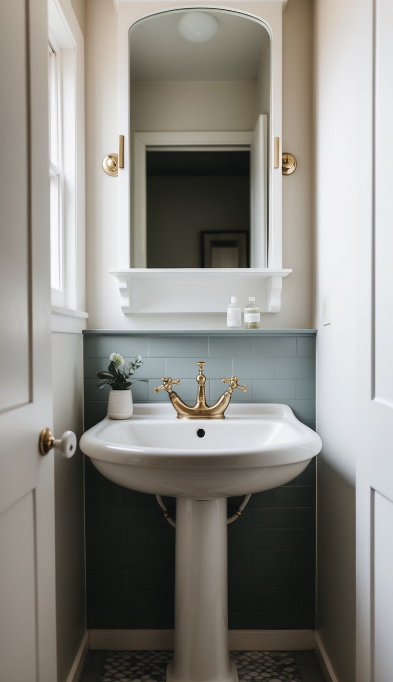 A pedestal sink sits in a narrow bathroom with minimal decor and soft natural lighting