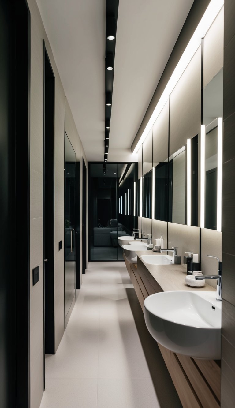 A long, narrow bathroom with track lighting installed along the ceiling, illuminating the space evenly and creating a modern and functional atmosphere