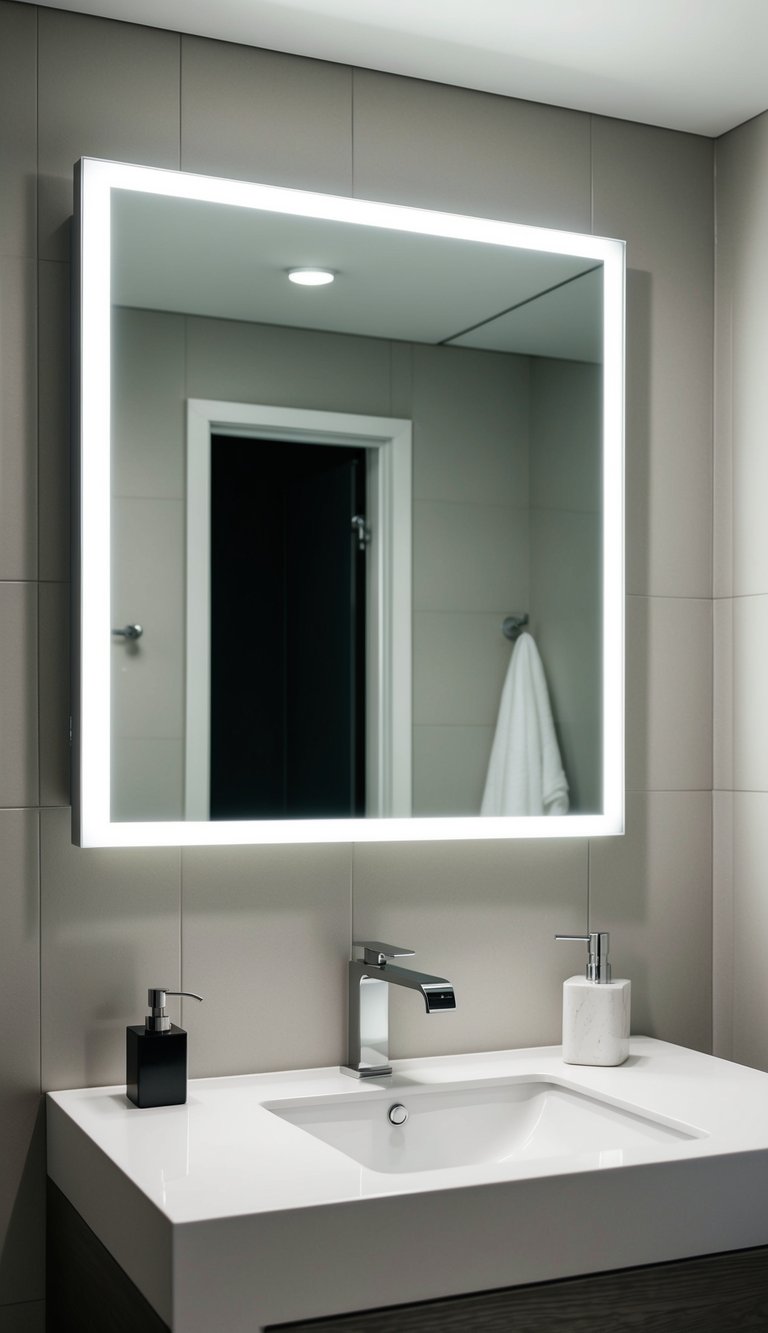 A modern, minimalist bathroom with a frameless mirror stretching 22 inches long above a sleek vanity