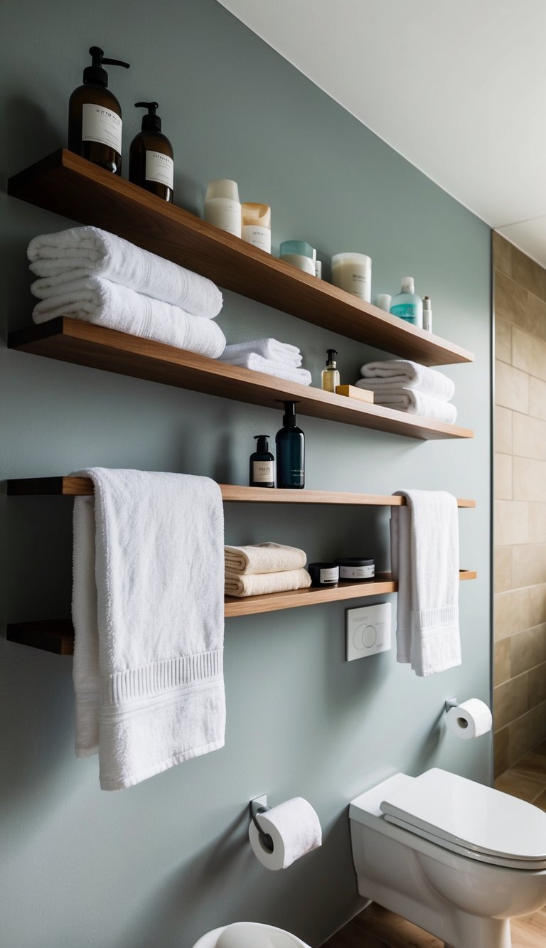 High shelves installed along narrow bathroom wall, holding towels and toiletries