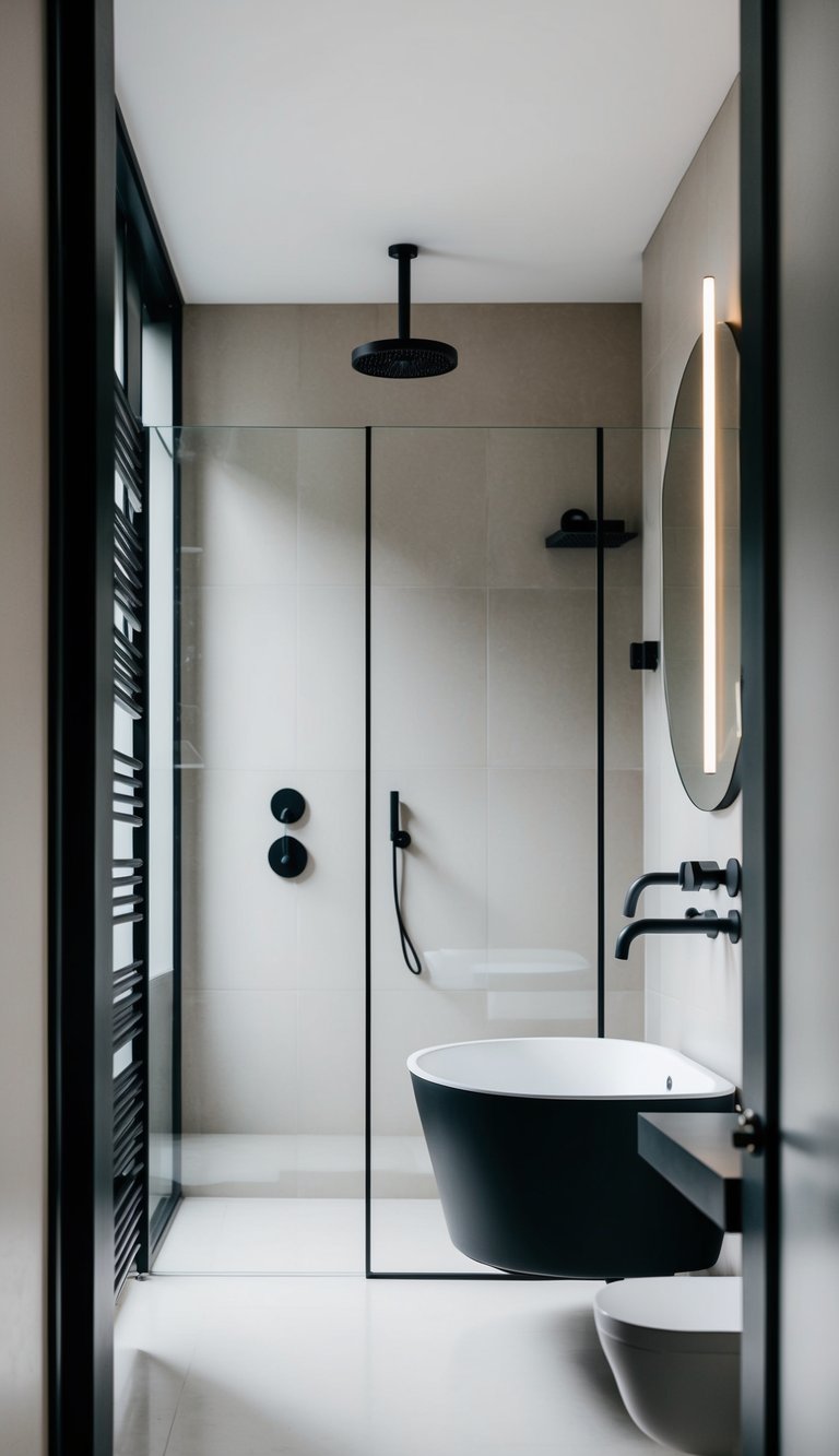 A sleek, modern bathroom with matte black fixtures and minimalistic design