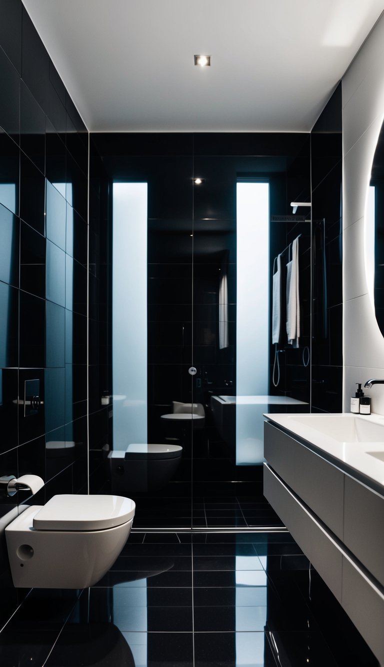 A sleek, modern bathroom with glossy black tiles covering the walls and floor. A minimalist, sophisticated design with clean lines and a sense of luxury