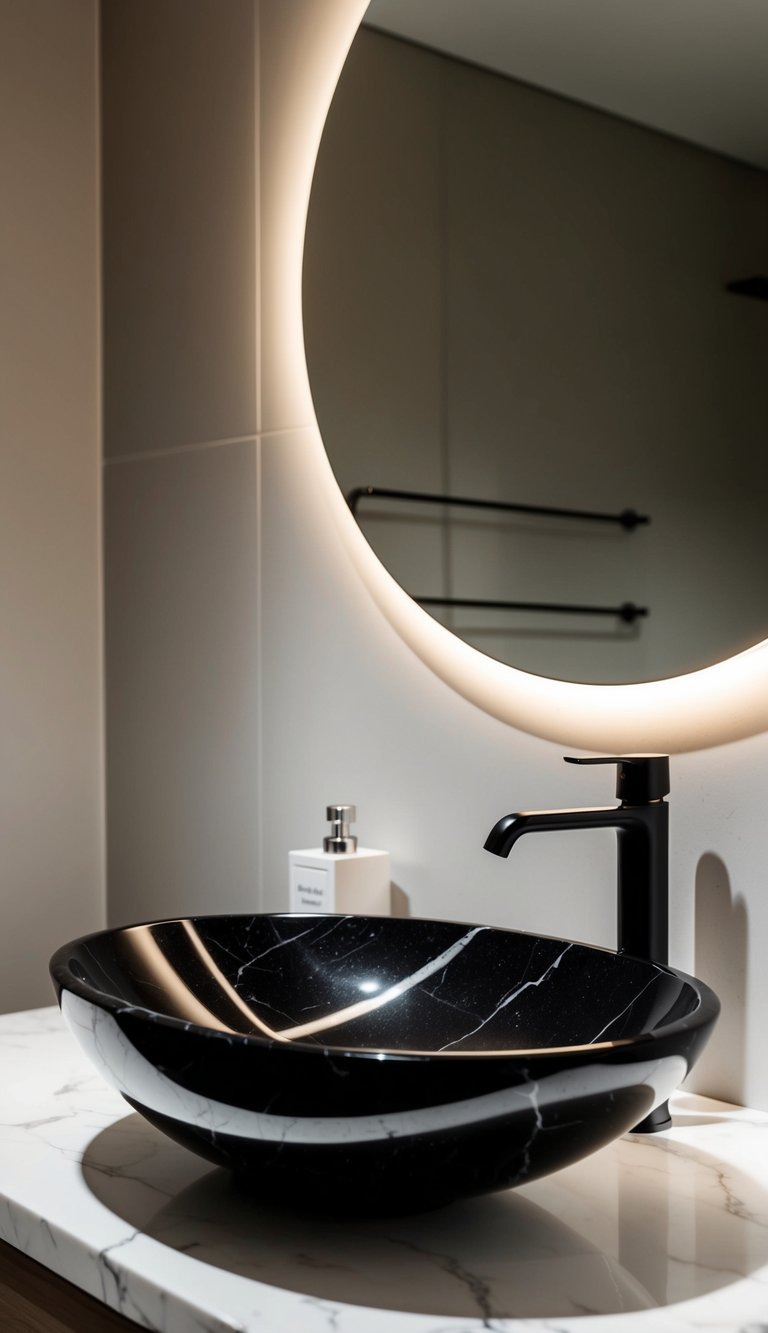 A sleek black marble sink in a modern bathroom with minimalist decor and soft lighting