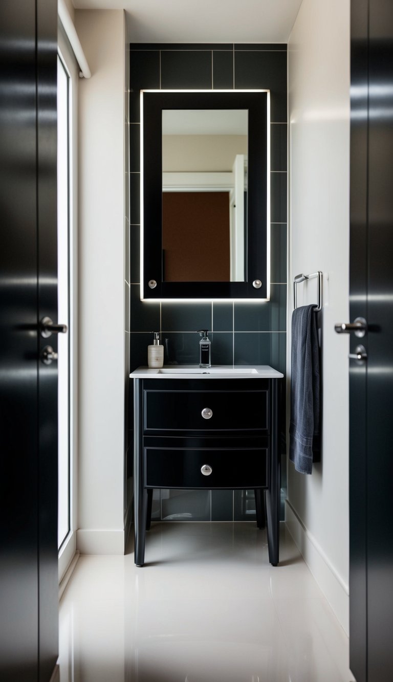 A small black vanity with charcoal accents in a sleek, modern bathroom