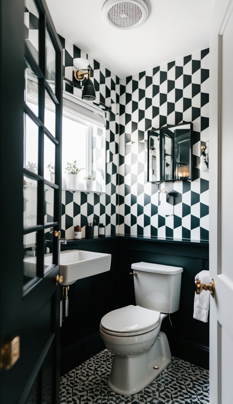 A small black and white bathroom with geometric wallpaper, minimal decor, and natural light