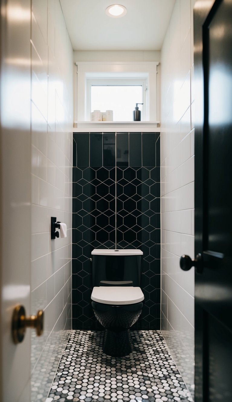 A small black bathroom with sleek hexagon floor tiles