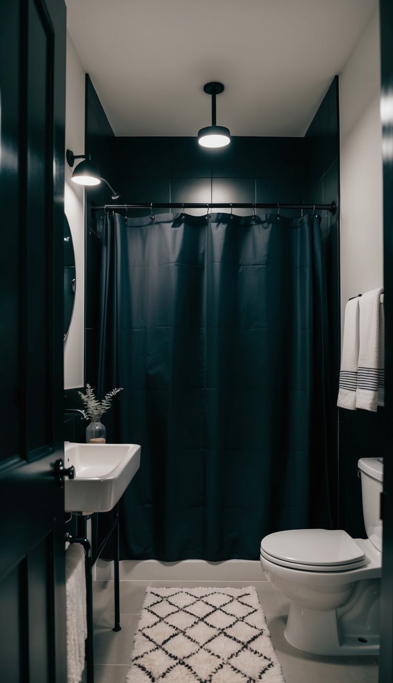 A small black bathroom with midnight shower curtains, minimalistic decor, and soft lighting