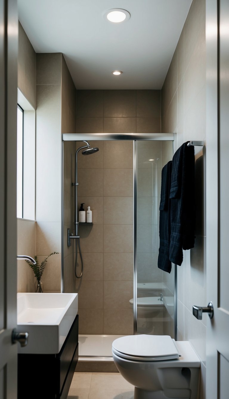 A small, sleek bathroom with a black towel set and minimal