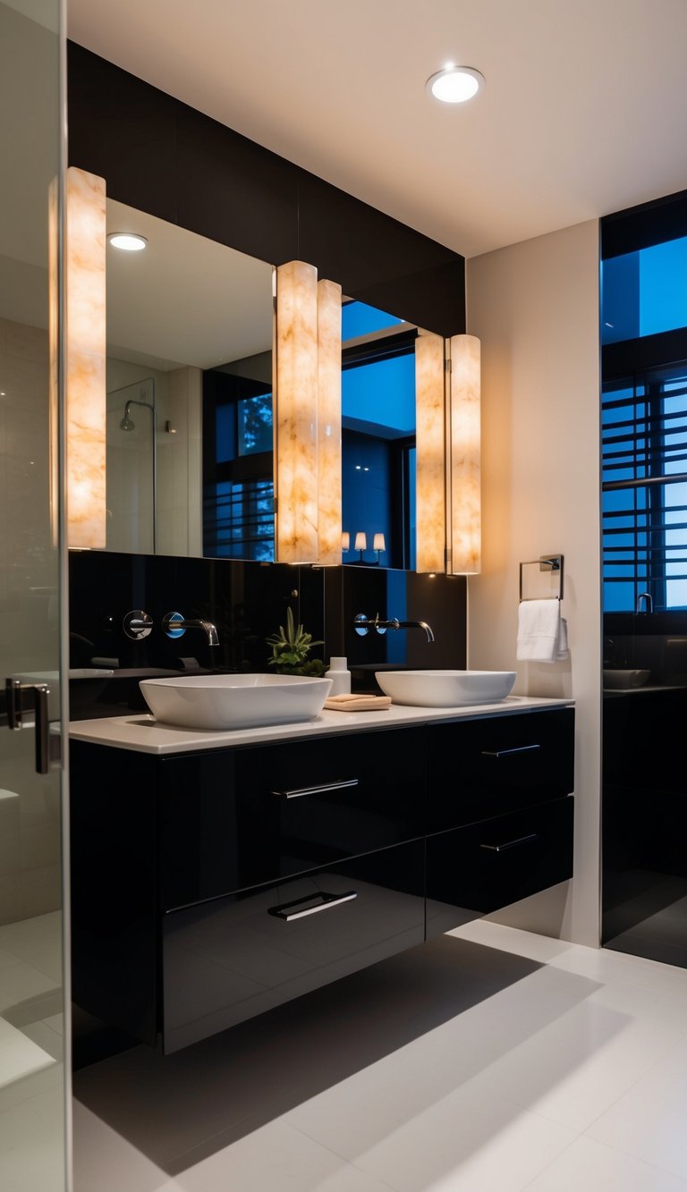 A sleek black bathroom with Onyx Vanity Lights casting a warm glow over modern fixtures and minimalist decor