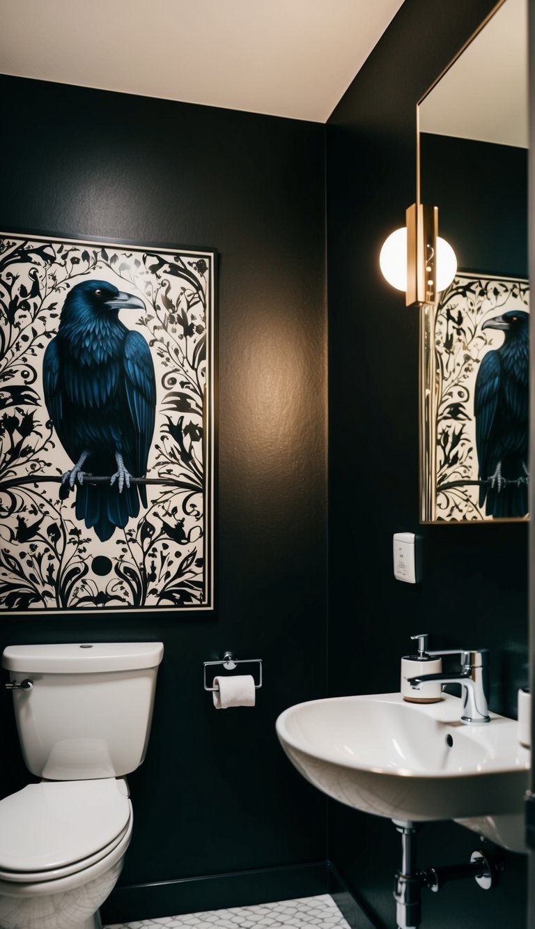 A small black bathroom with raven wall art and minimalistic decor