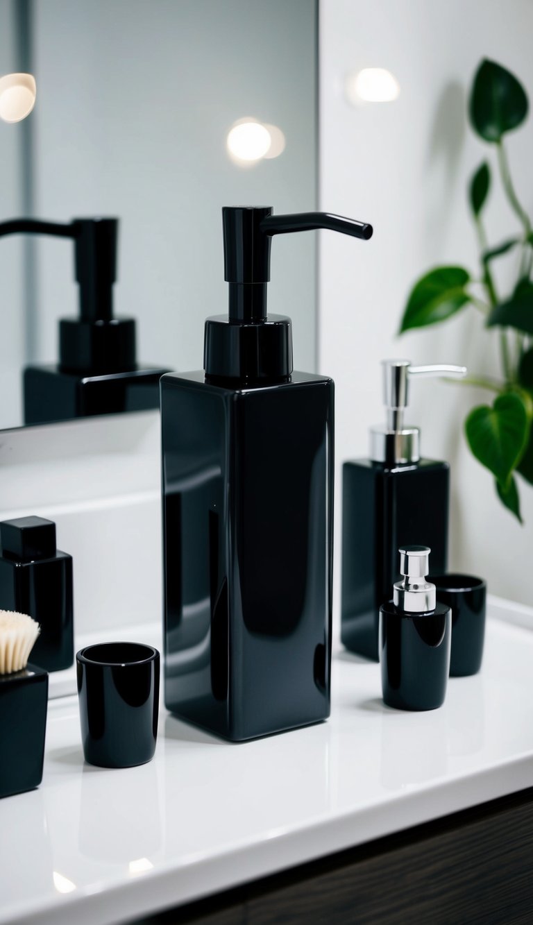 A sleek black soap dispenser sits on a modern bathroom vanity, surrounded by other small black accessories