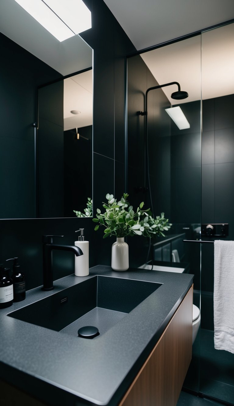 A sleek graphite countertop in a small black bathroom with modern fixtures and minimalistic decor