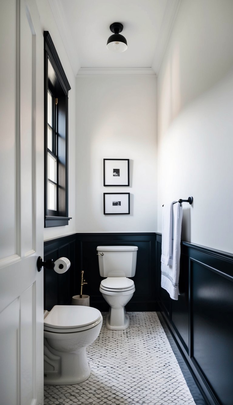 A small bathroom with black wainscoting, white walls, and minimalistic decor