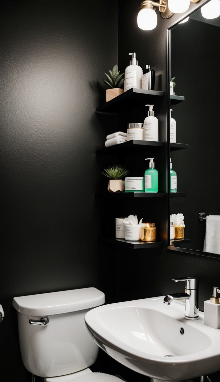 Small black bathroom with ink floating shelves holding various toiletries and decor