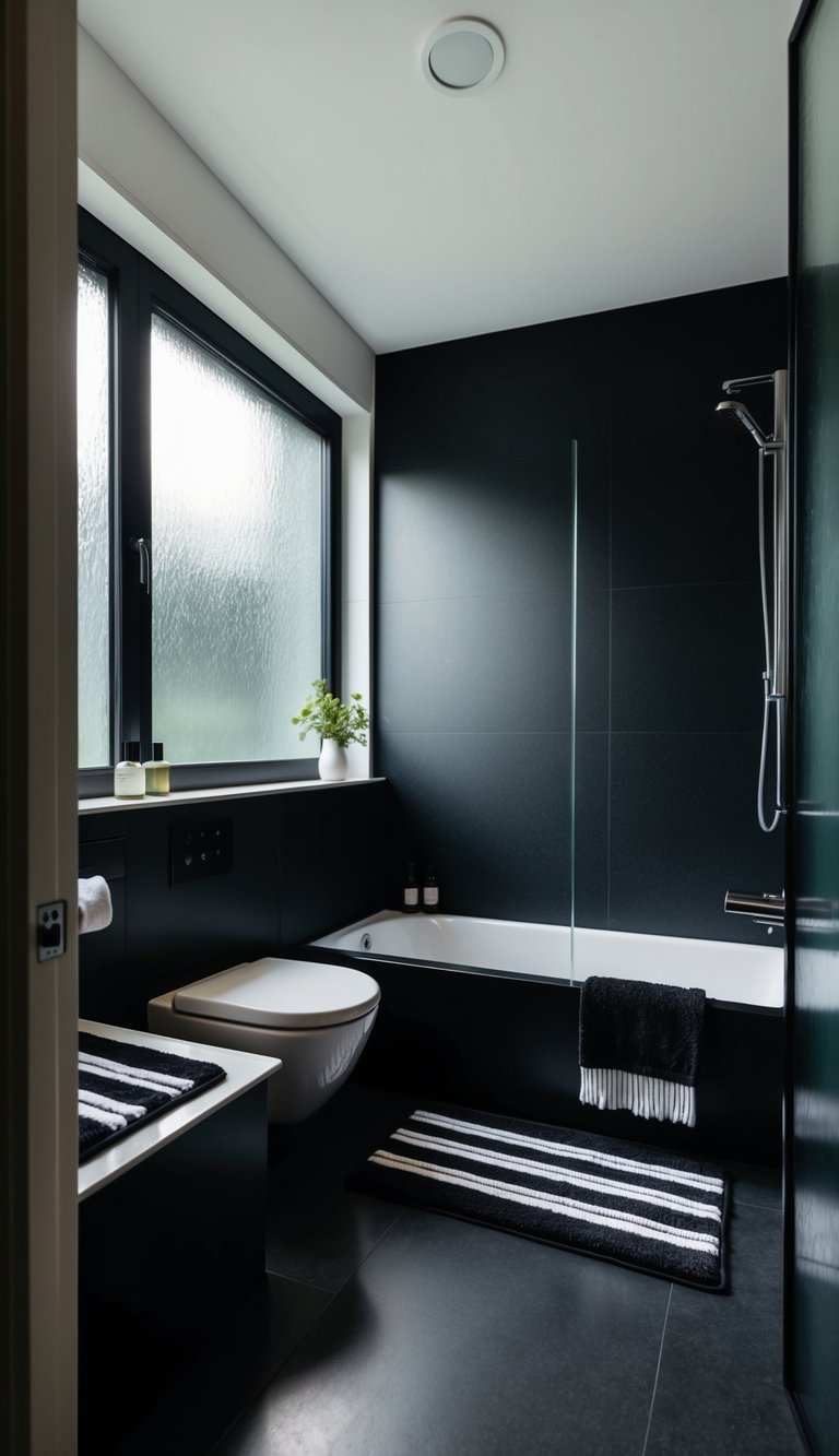 A small, sleek black bathroom with licorice bath mats, minimalist decor, and natural light streaming in through a frosted window